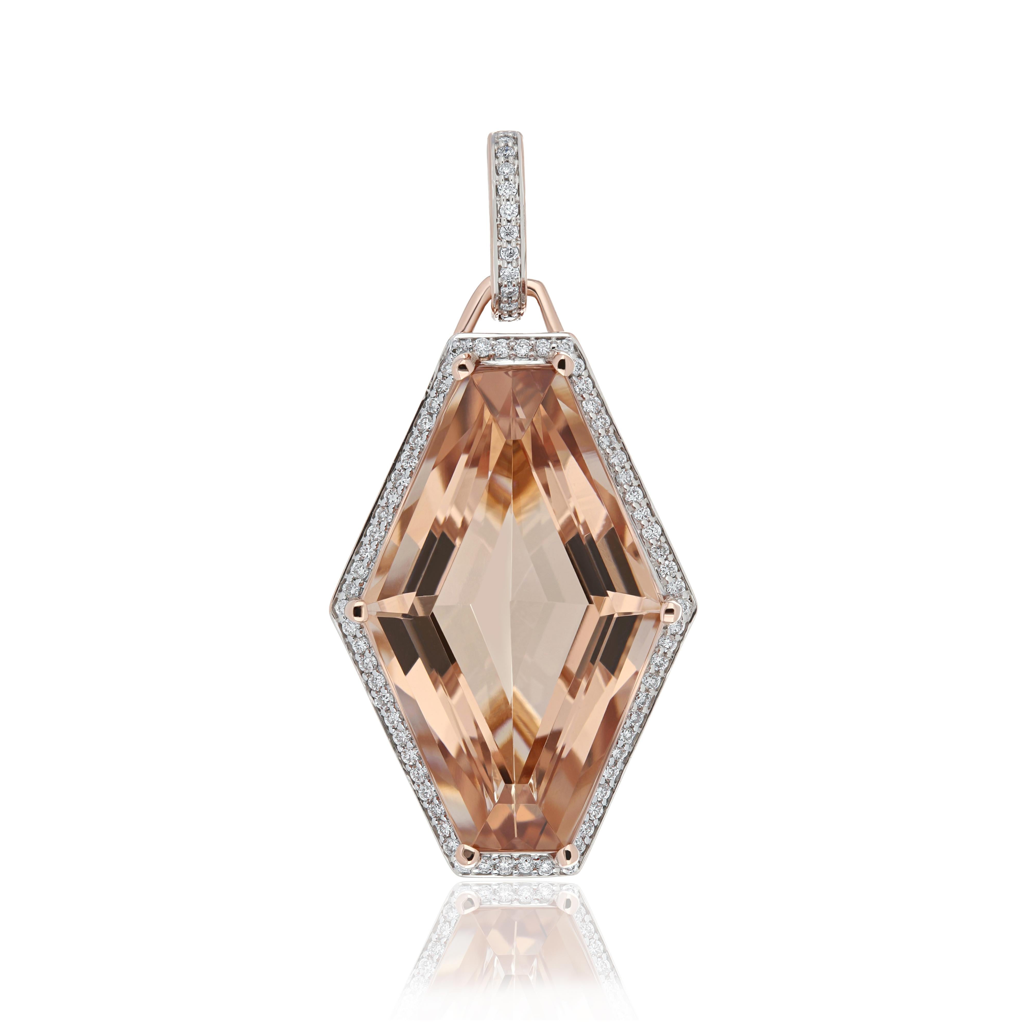 Elegant and exquisitely detailed Cocktail 14K Pendant, center set with 13.5 Cts. (approx) Fancy Hexagon Cut Morganite. Surrounded with Diamonds, weighing approx. 0.19 ct. Beautifully Hand crafted in 14 Karat Rose Gold.

Stone Size:
Morganite: 22 x
