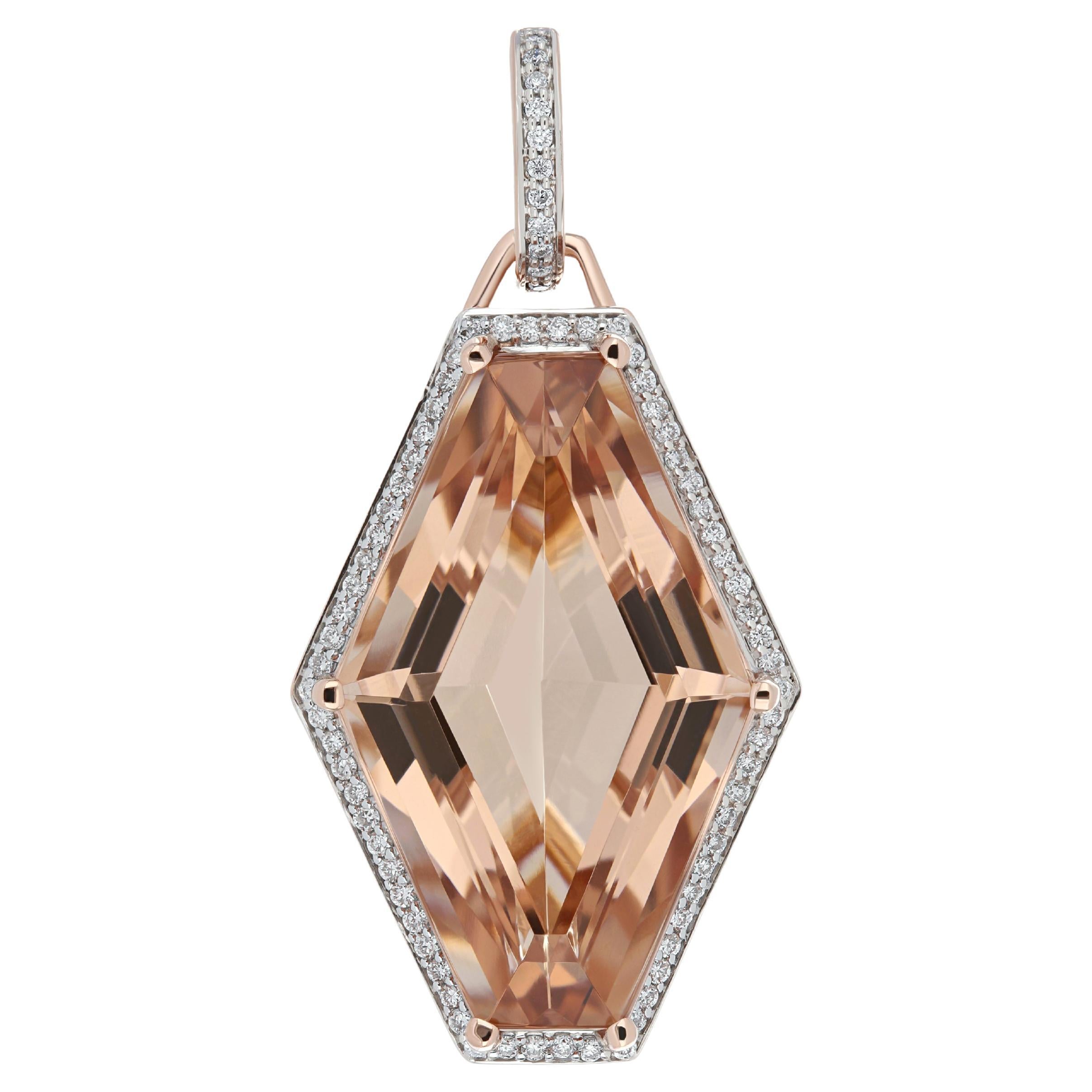 Pendentif en or rose 14 carats avec morganite de 13 carats et diamants en vente