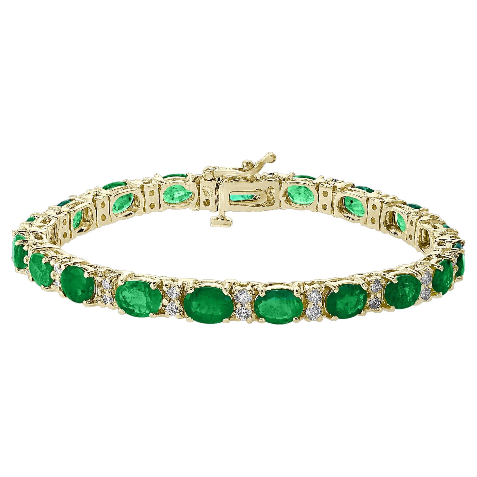 13 Carat Natural Emerald & Diamond Cocktail Tennis Bracelet 14 Karat Yellow Gold