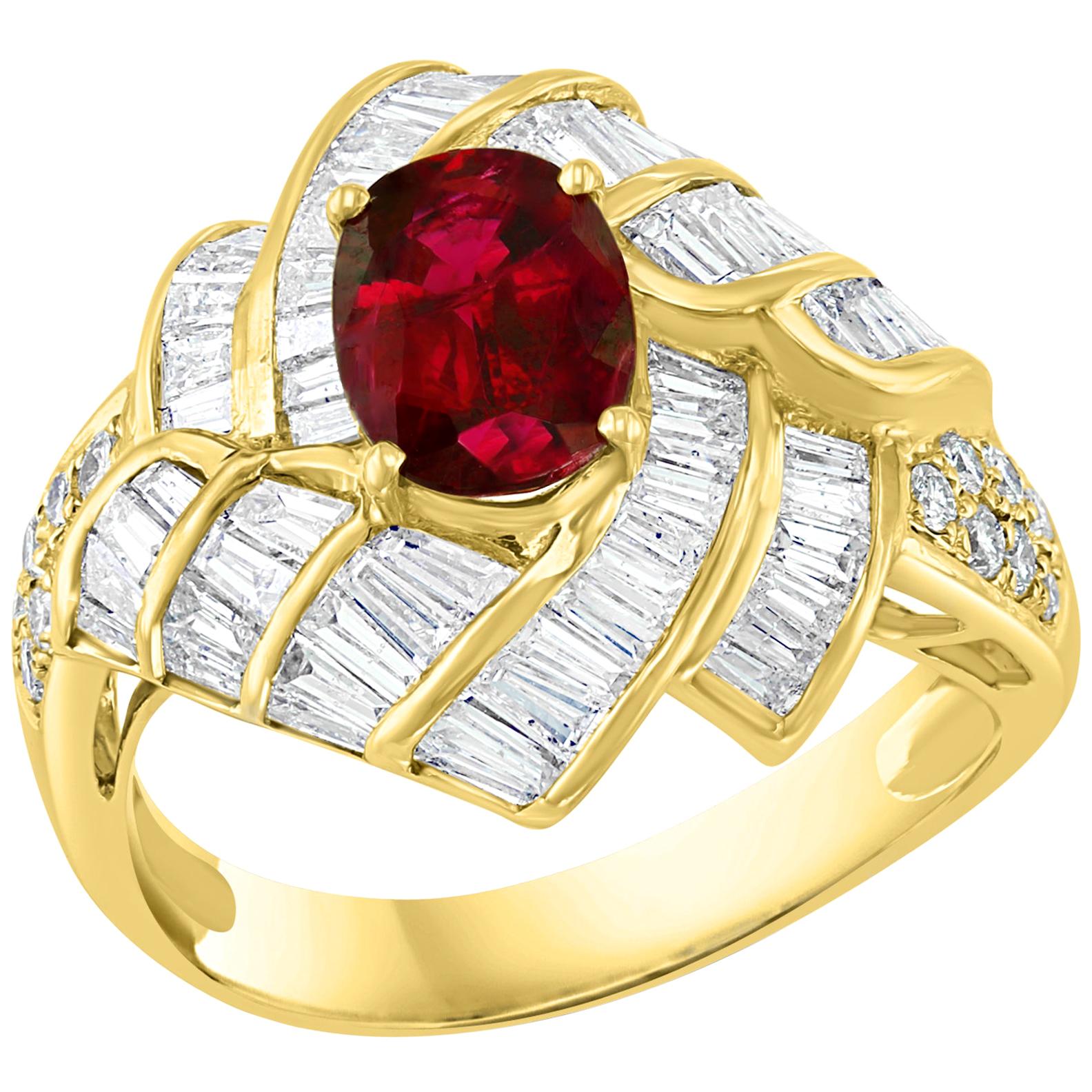 1.3 Carat Natural Oval Burma Ruby and 1.3 Carat Diamond 18 Karat Gold Ring