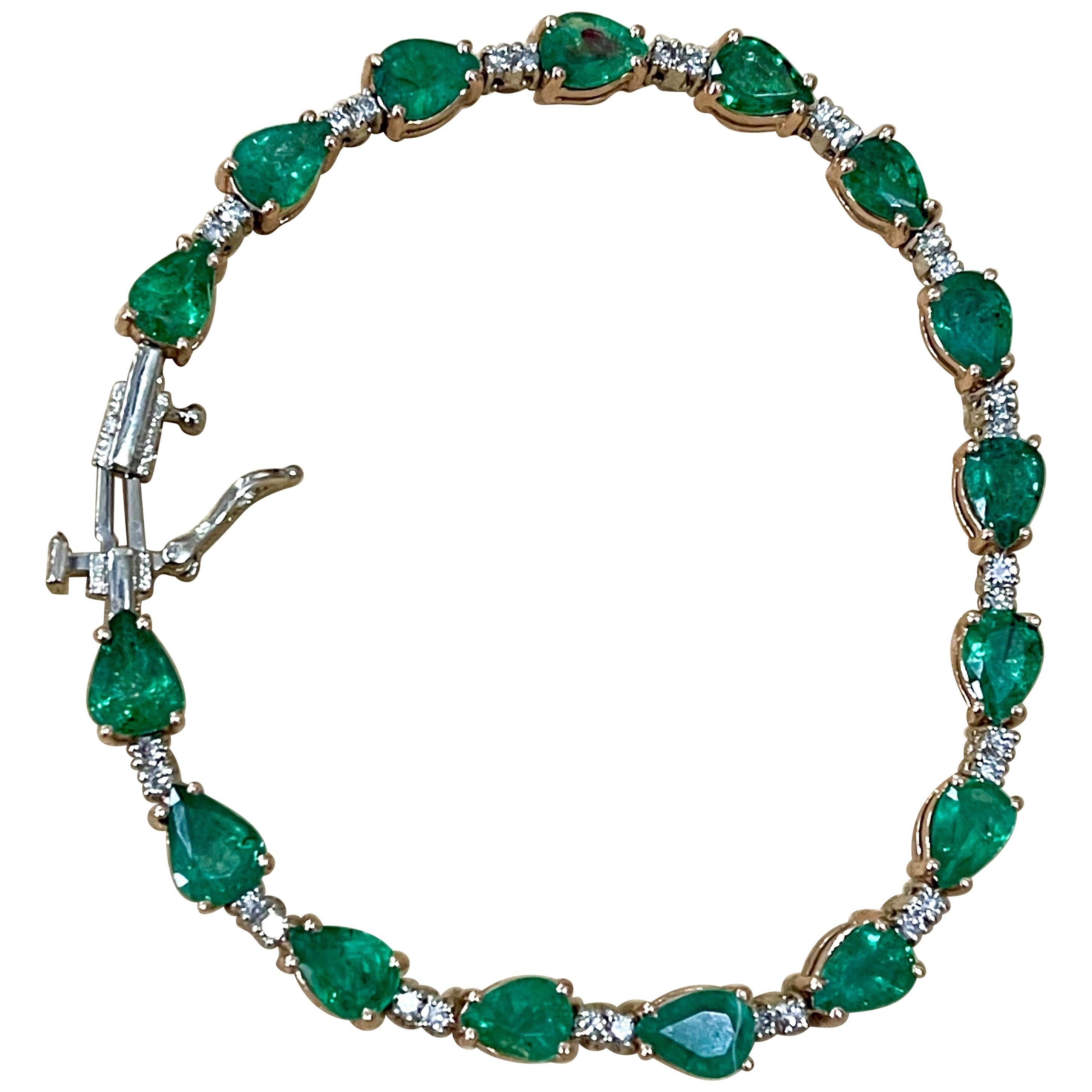 13 Carat Natural Zambian Emerald and Diamond Tennis Bracelet 14 Karat White Gold