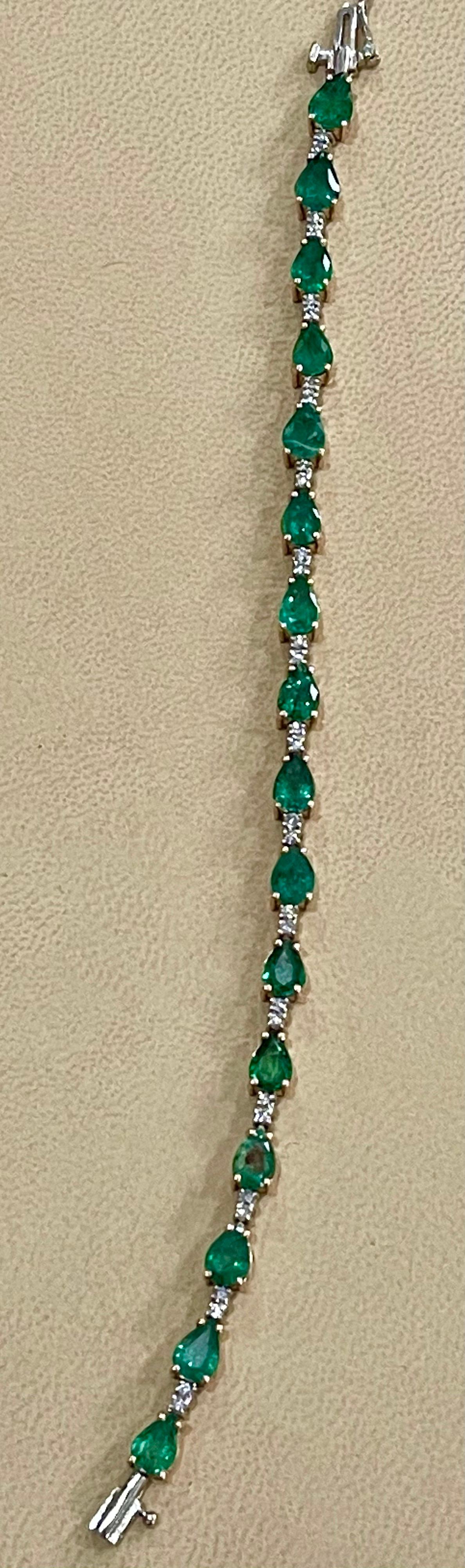  This exceptionally affordable Tennis  bracelet has  16 stones of Pear shape  Emeralds  . Each Emerald is spaced by two diamonds . Total weight of the Emeralds is  approximately 13 carat. Total number of diamonds are 32 and diamond weighs is over