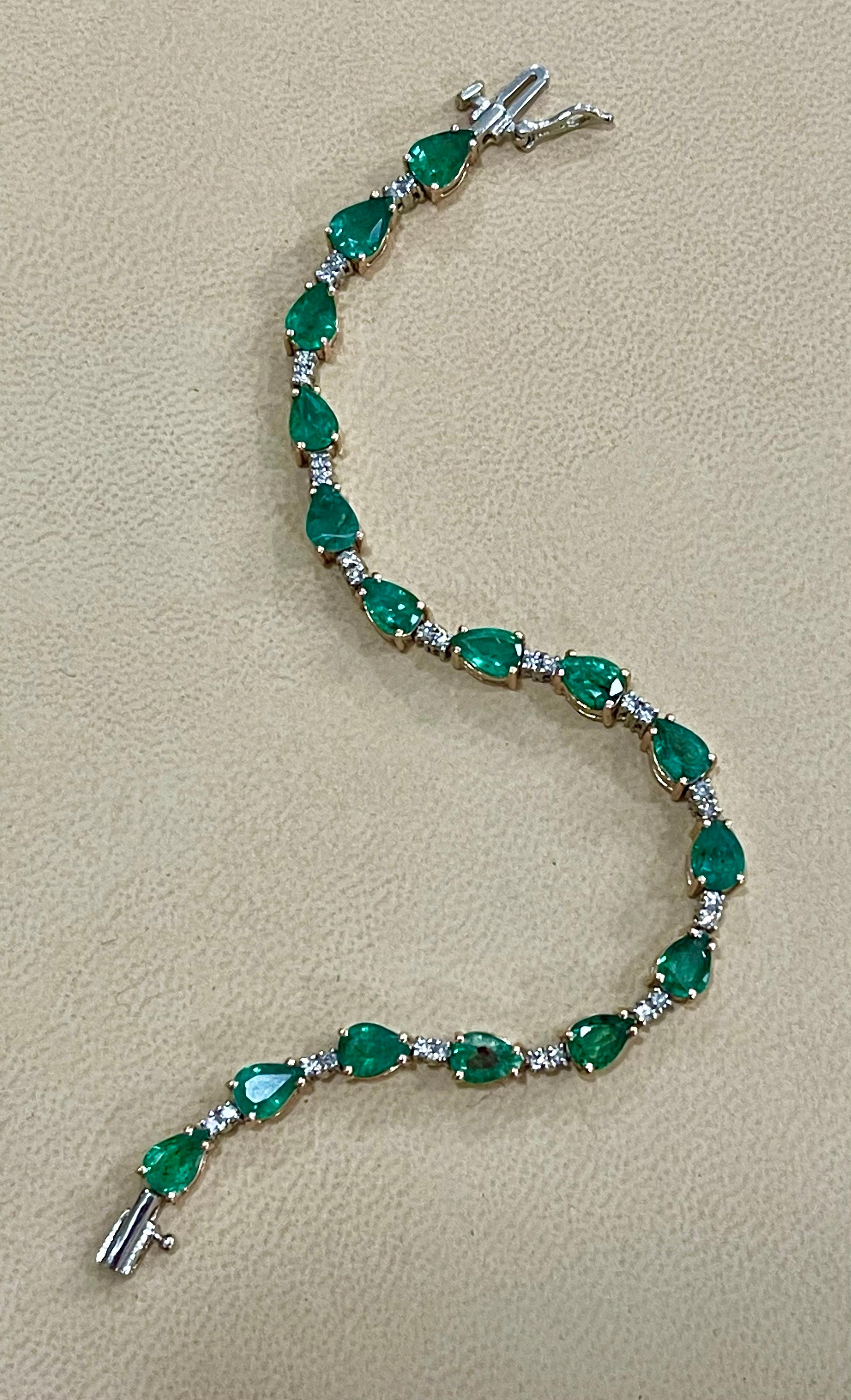Pear Cut 13 Carat Natural Zambian Emerald and Diamond Tennis Bracelet 14 Karat White Gold