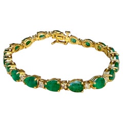 13 Carat Natural Zambian Emerald & Diamond Tennis Bracelet 14 Karat Yellow Gold