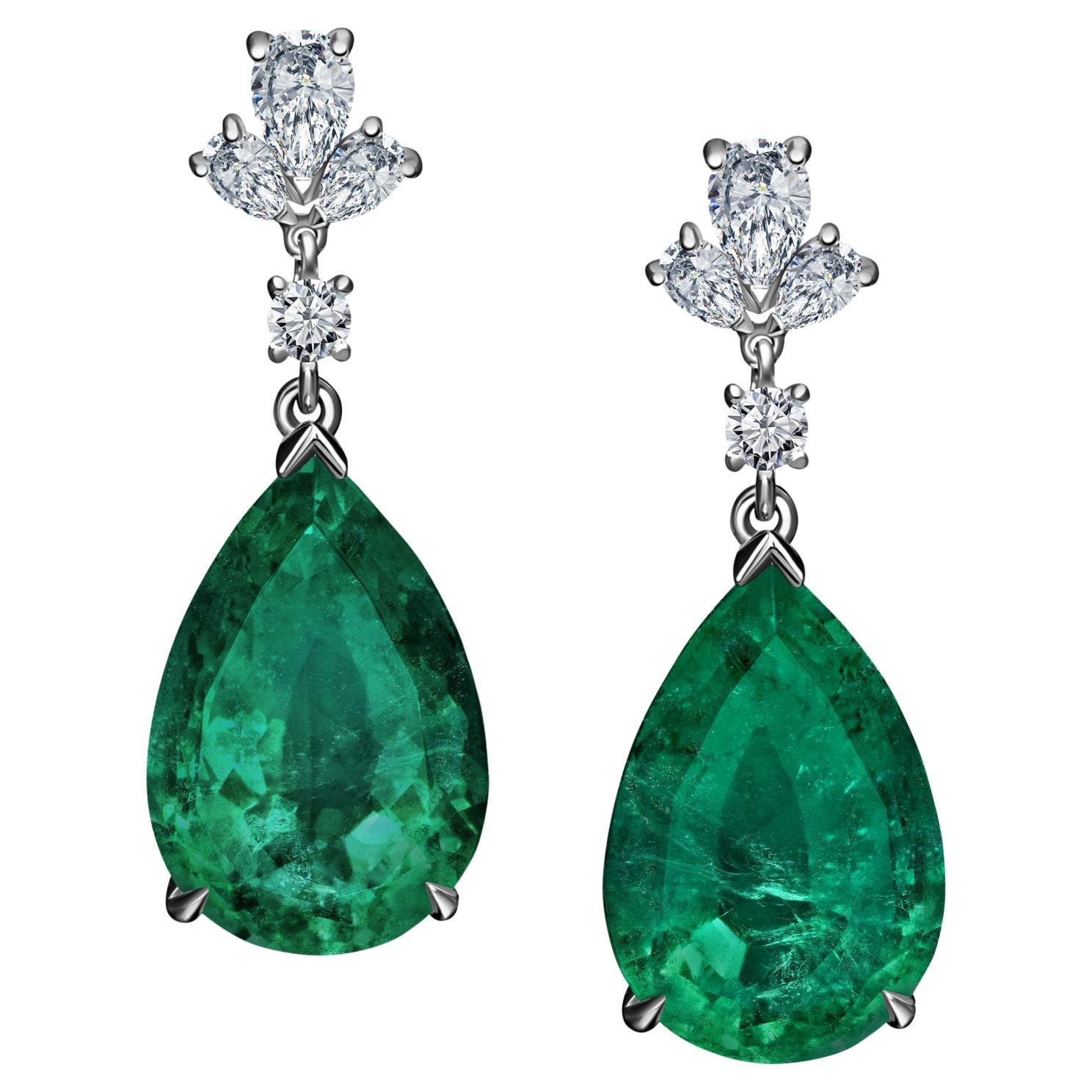 13 Carat Pear Green Emerald Diamond Dangle Earrings