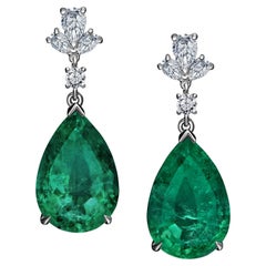 13 Carat Pear Green Emerald Diamond Dangle Earrings