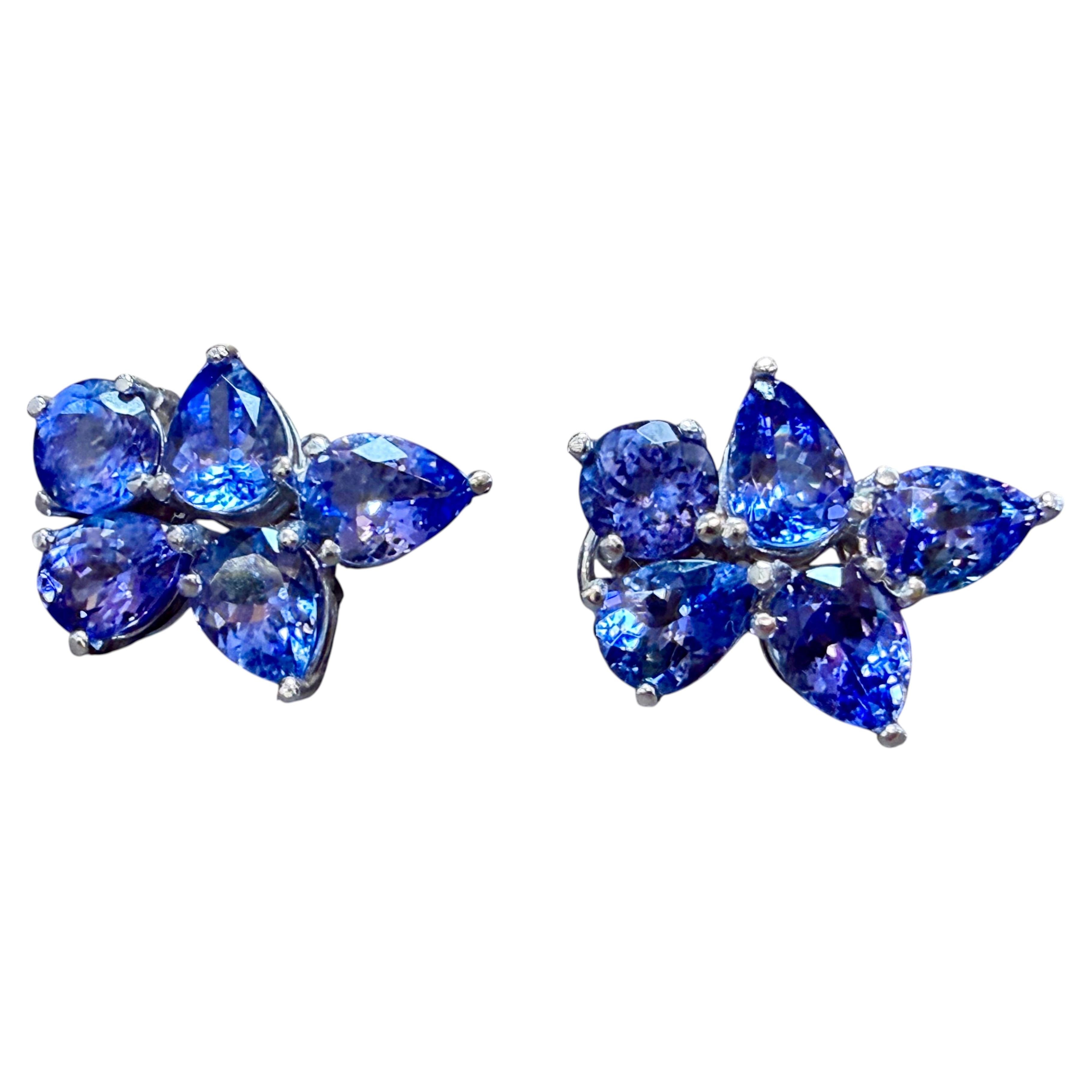 13 Carat Pear & Round Tanzanite Cluster Stud Earrings 14 Karat White Gold For Sale
