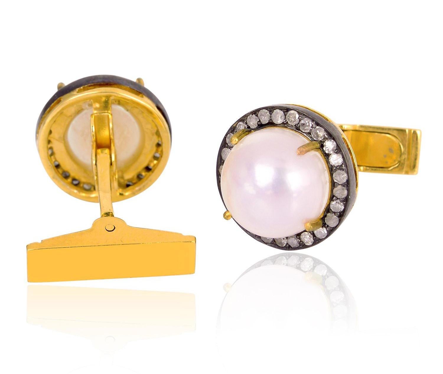 Cast from 18-karat gold and sterling silver, these cuff links are hand set with 1.3 carats pearl and .6 carats of pave diamonds in blackened finish.

FOLLOW  MEGHNA JEWELS storefront to view the latest collection & exclusive pieces.  Meghna Jewels