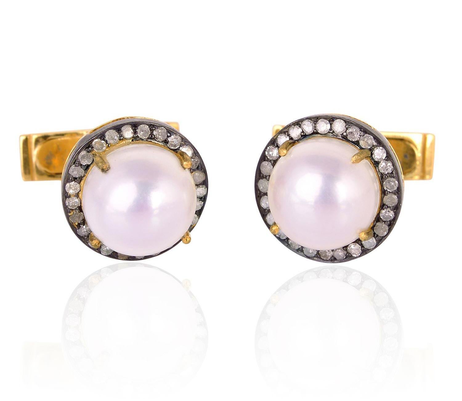 Modern 1.3 Carat Pearl Diamond Cufflinks For Sale
