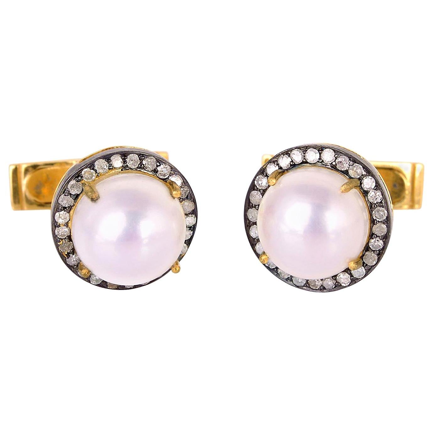 1.3 Carat Pearl Diamond Cufflinks For Sale