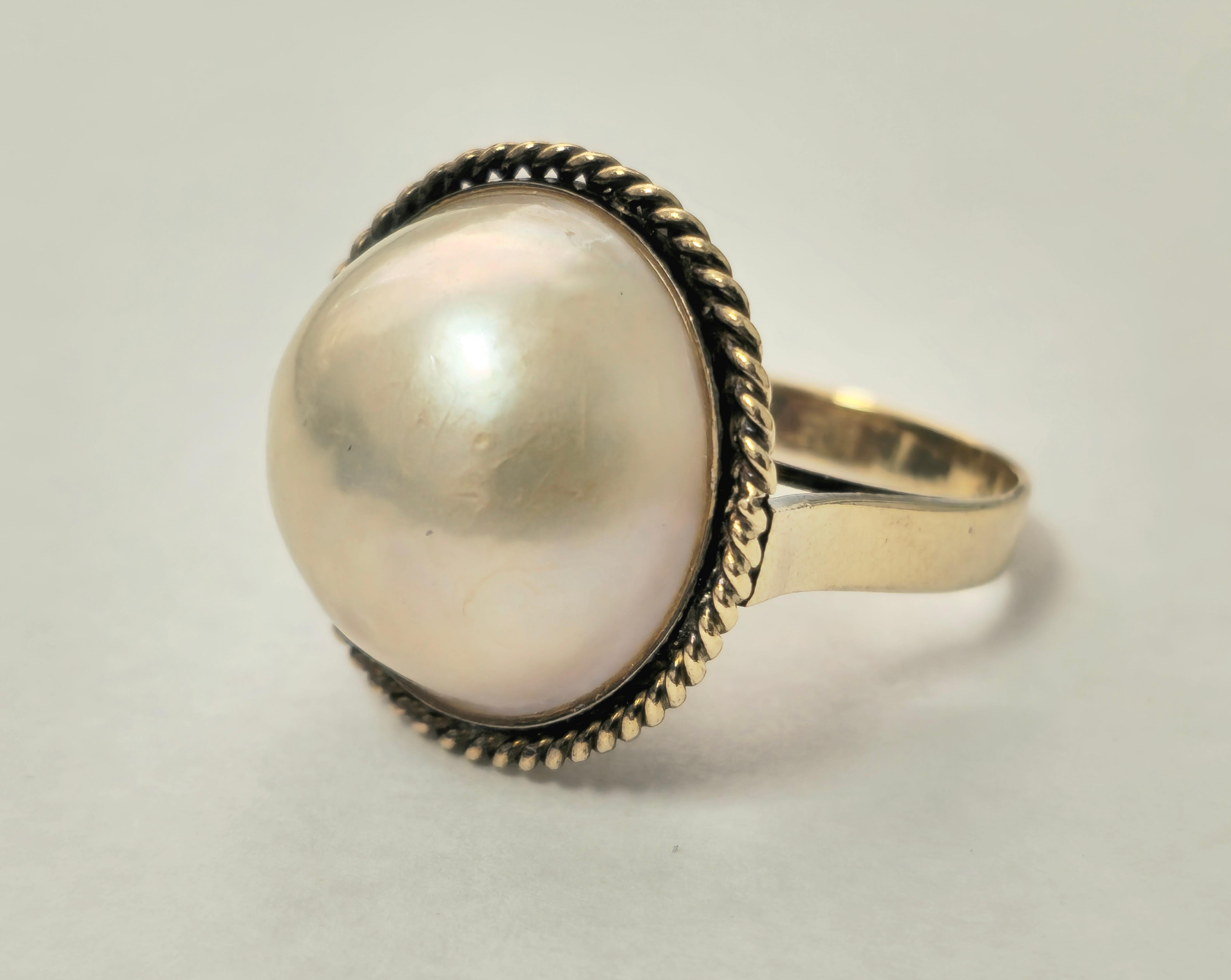 Round Cut 13 Carat Pearl Set in 18k Yellow Gold Ring  For Sale