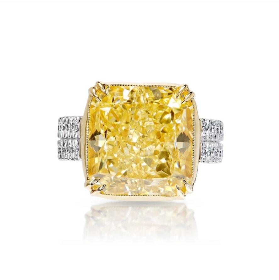 Adeline 13 Carat FY VS2 Radiant Cut Diamond Engagement Ring in Platinum GIA Certified by Mike Nekta NYC

GIA CERTIFIED
Center Diamond:

Carat Weight: 11.81 Carats
Color : Fancy Yellow (FY)
Clarity: VS2
Style: Radiant Cut

Ring: 
Metal: Platinum & 18