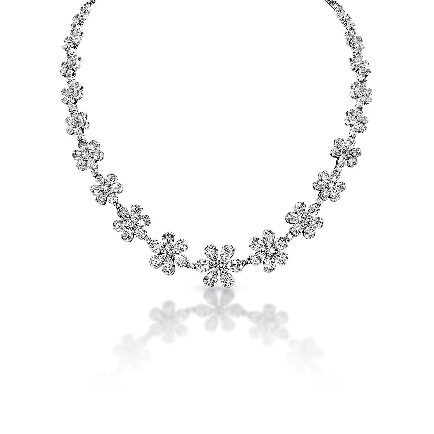 Diamond Necklace:

Carat Weight: 13.06 Carats
Style: Round Brilliant Cut
Chains: 14k White Gold