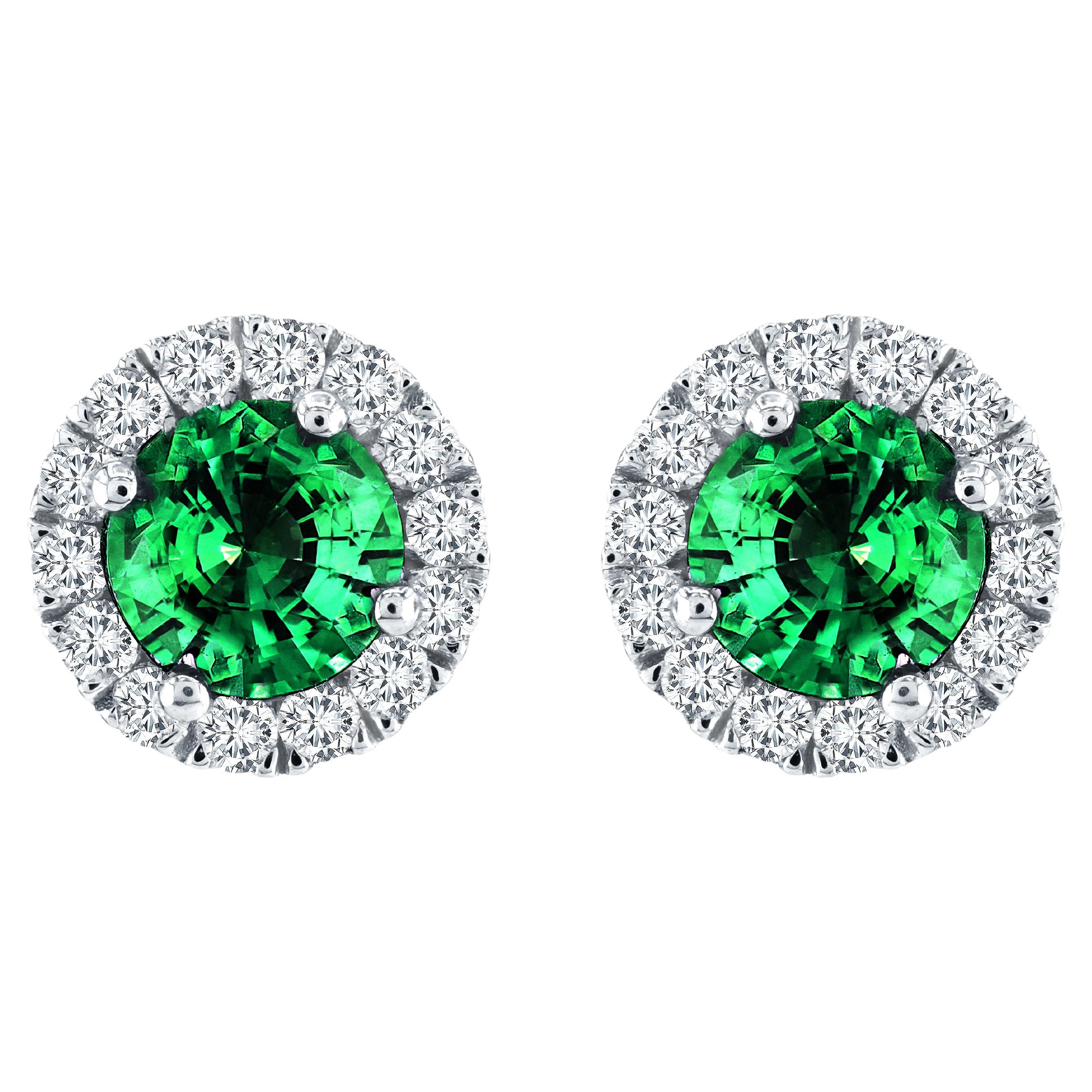 1.3 Carat Round Emerald Stud Earrings in 0.4ct Natural Diam Halo in 14K ref436