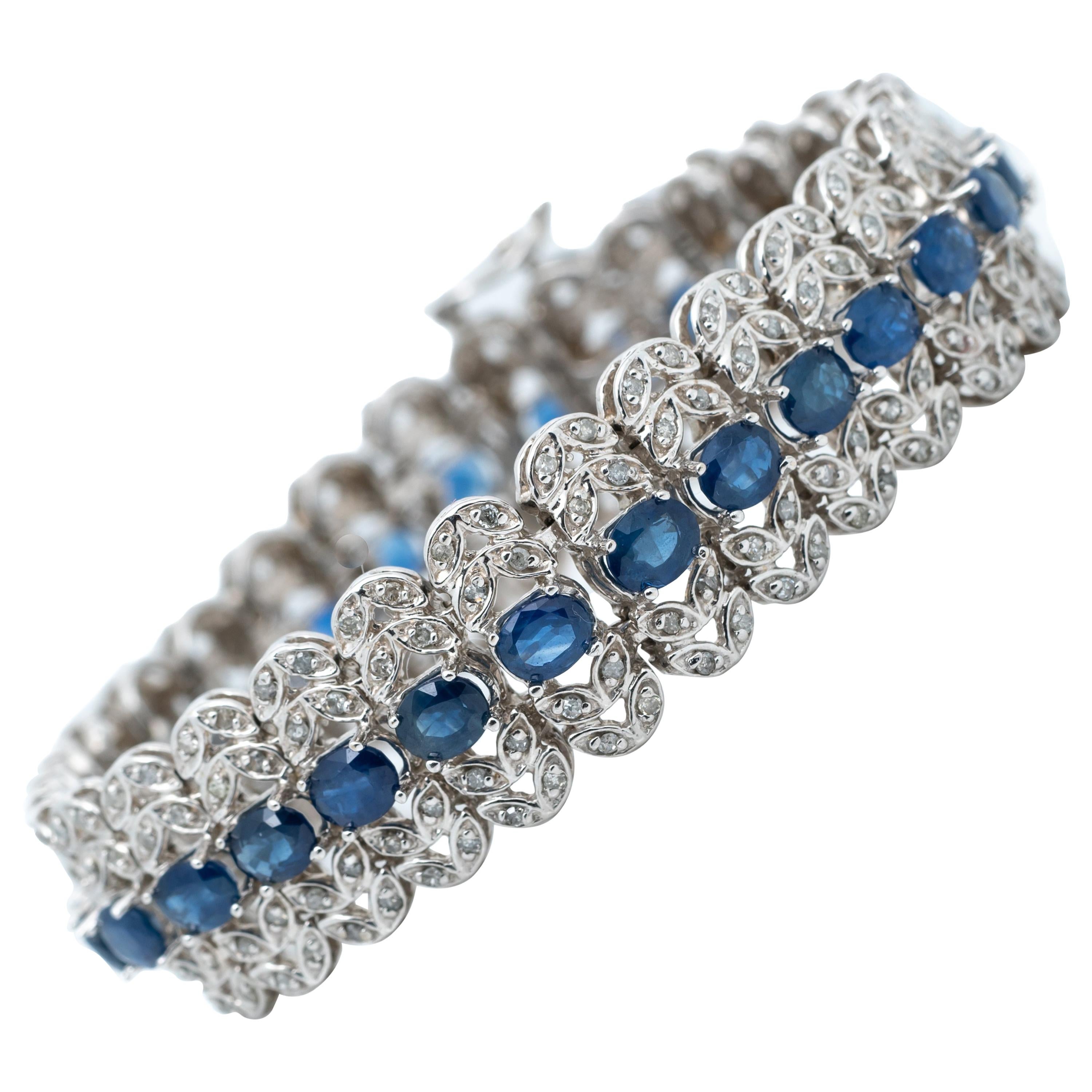 13 Carat Sapphire and 1 Carat Diamond Bracelet in 14 Karat White Gold