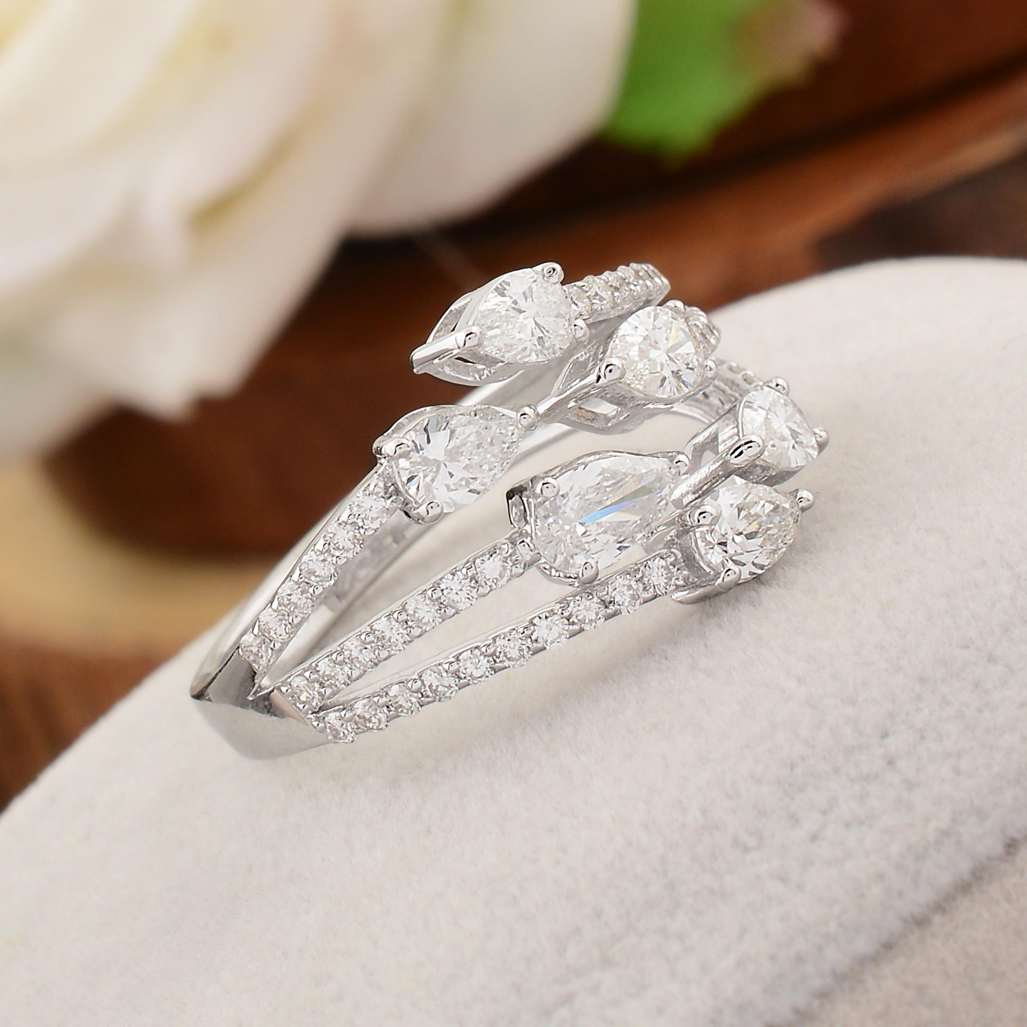 For Sale:  1.3 Carat SI Clarity HI Color Pear Diamond Cuff Ring 18 Karat White Gold Jewelry 4
