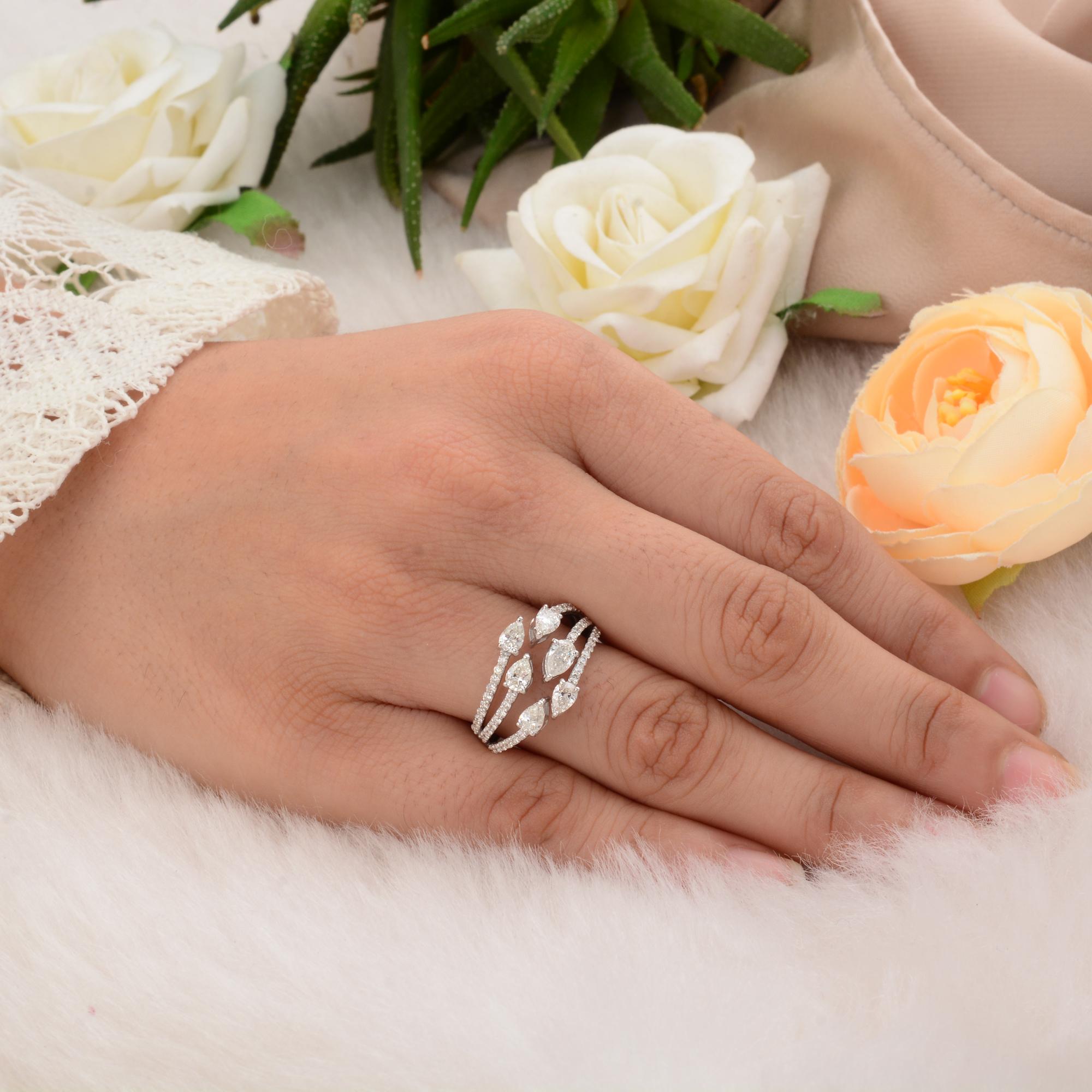 For Sale:  1.3 Carat SI Clarity HI Color Pear Diamond Cuff Ring 18 Karat White Gold Jewelry 5