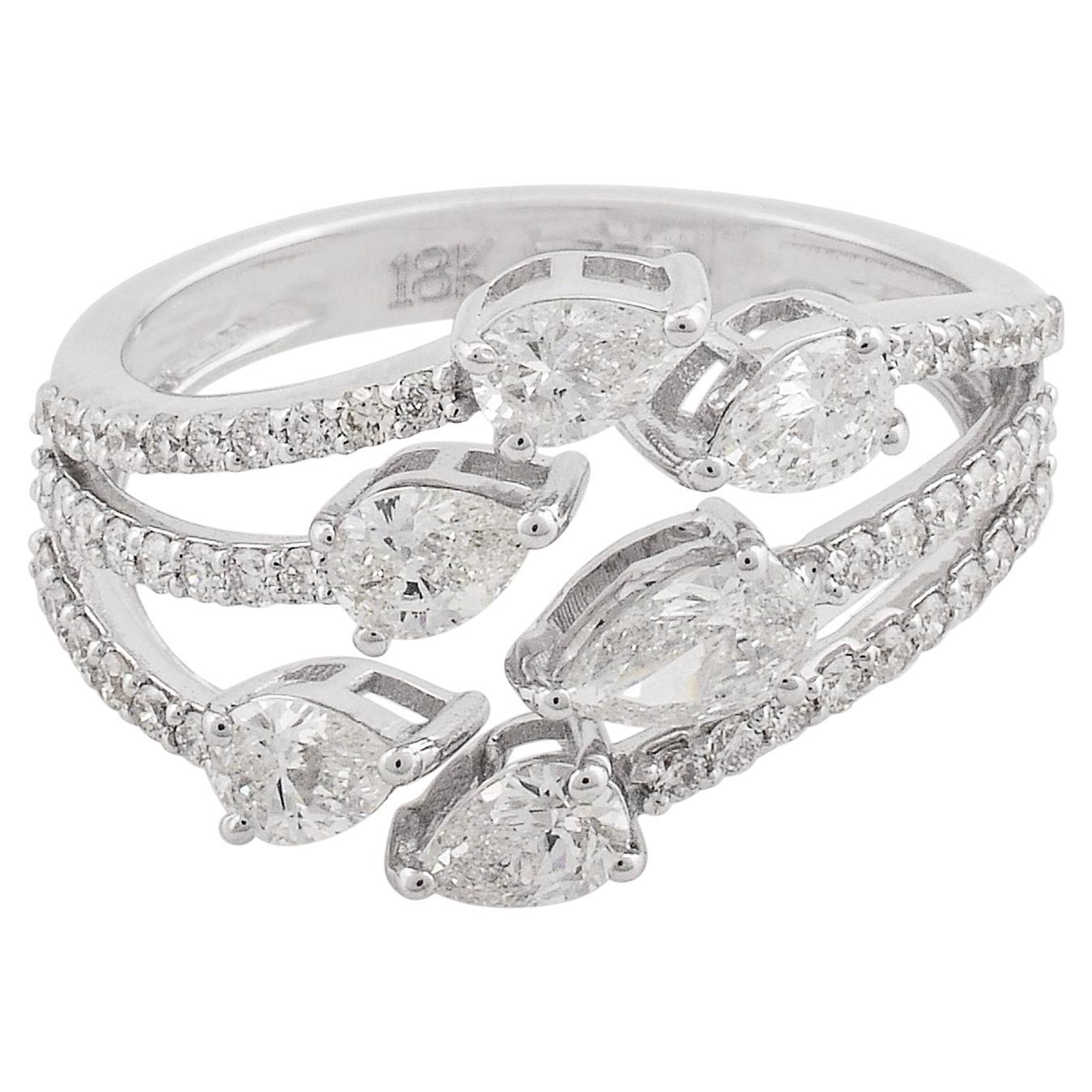 For Sale:  1.3 Carat SI Clarity HI Color Pear Diamond Cuff Ring 18 Karat White Gold Jewelry
