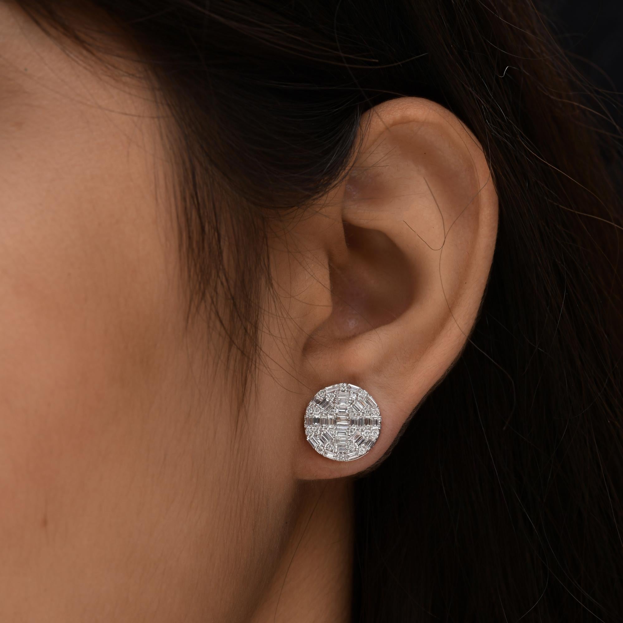 Modern 1.3 Carat SI/H Baguette Round Brilliant Cut Diamond Earrings 14 Karat White Gold For Sale