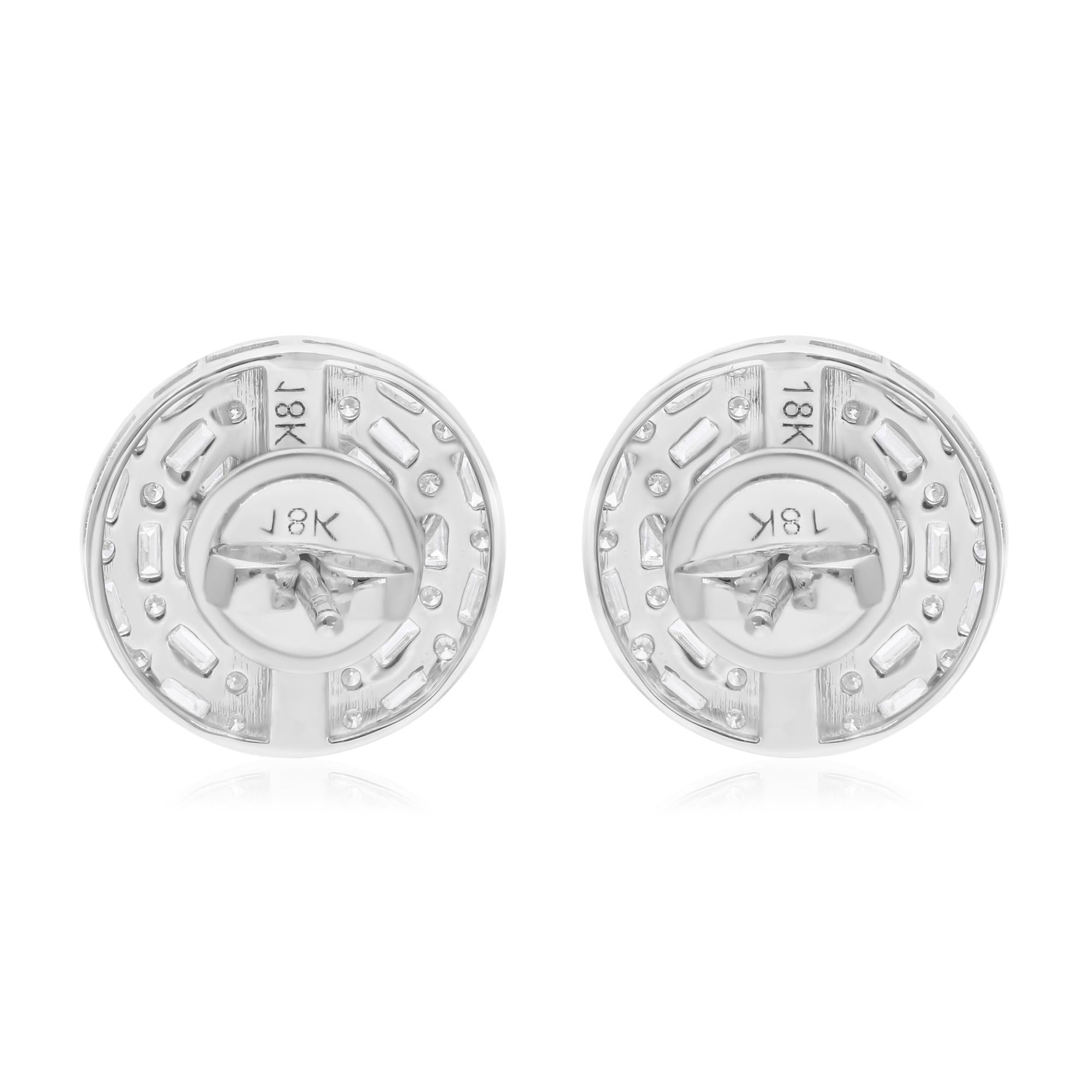 Baguette Cut 1.3 Carat SI/H Baguette Round Brilliant Cut Diamond Earrings 14 Karat White Gold For Sale