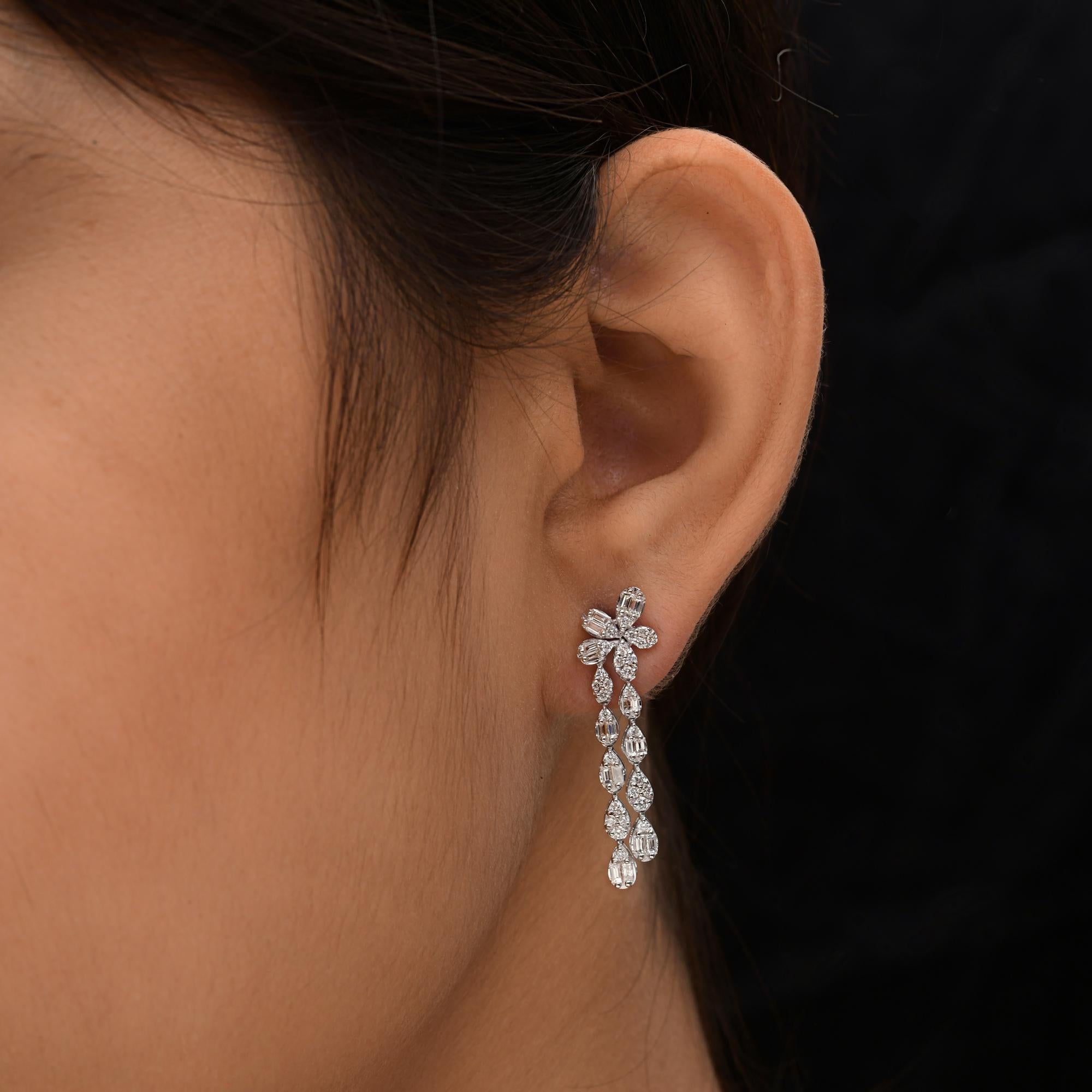Baguette Cut 1.3 Carat SI/H Round Baguette Brilliant Cut Diamond Earrings 18 Karat White Gold For Sale