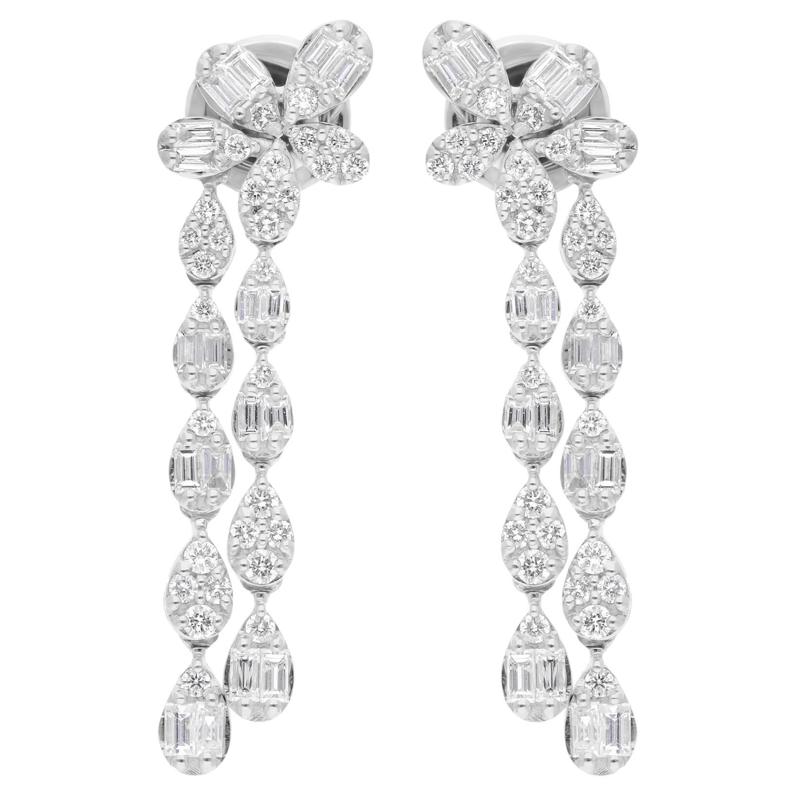 1.3 Carat SI/H Round Baguette Brilliant Cut Diamond Earrings 18 Karat White Gold