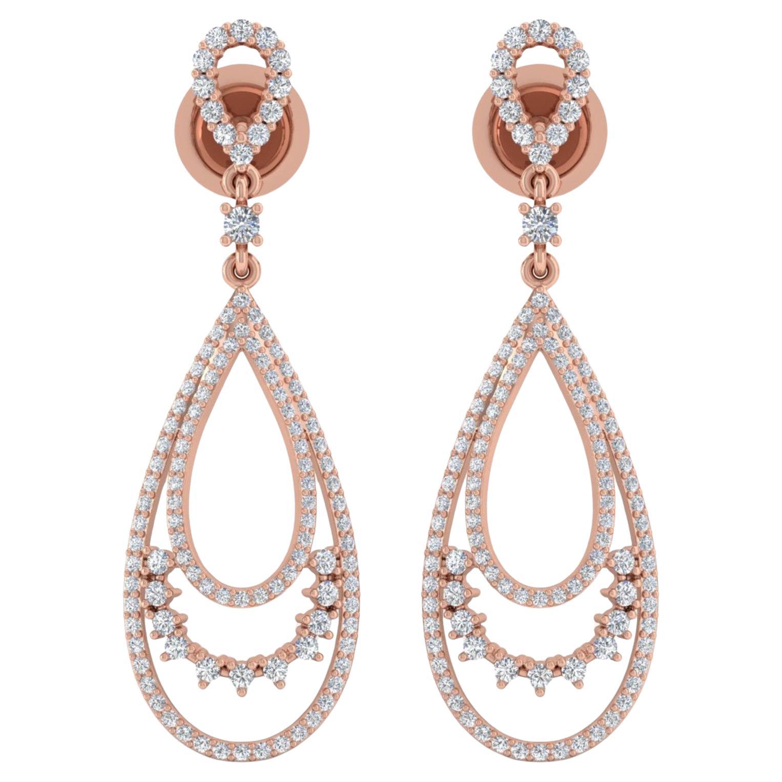 1.3 Carat SI/HI Natural Diamond Big Dangle Drop Earrings 18k Rose Gold Gift For Sale