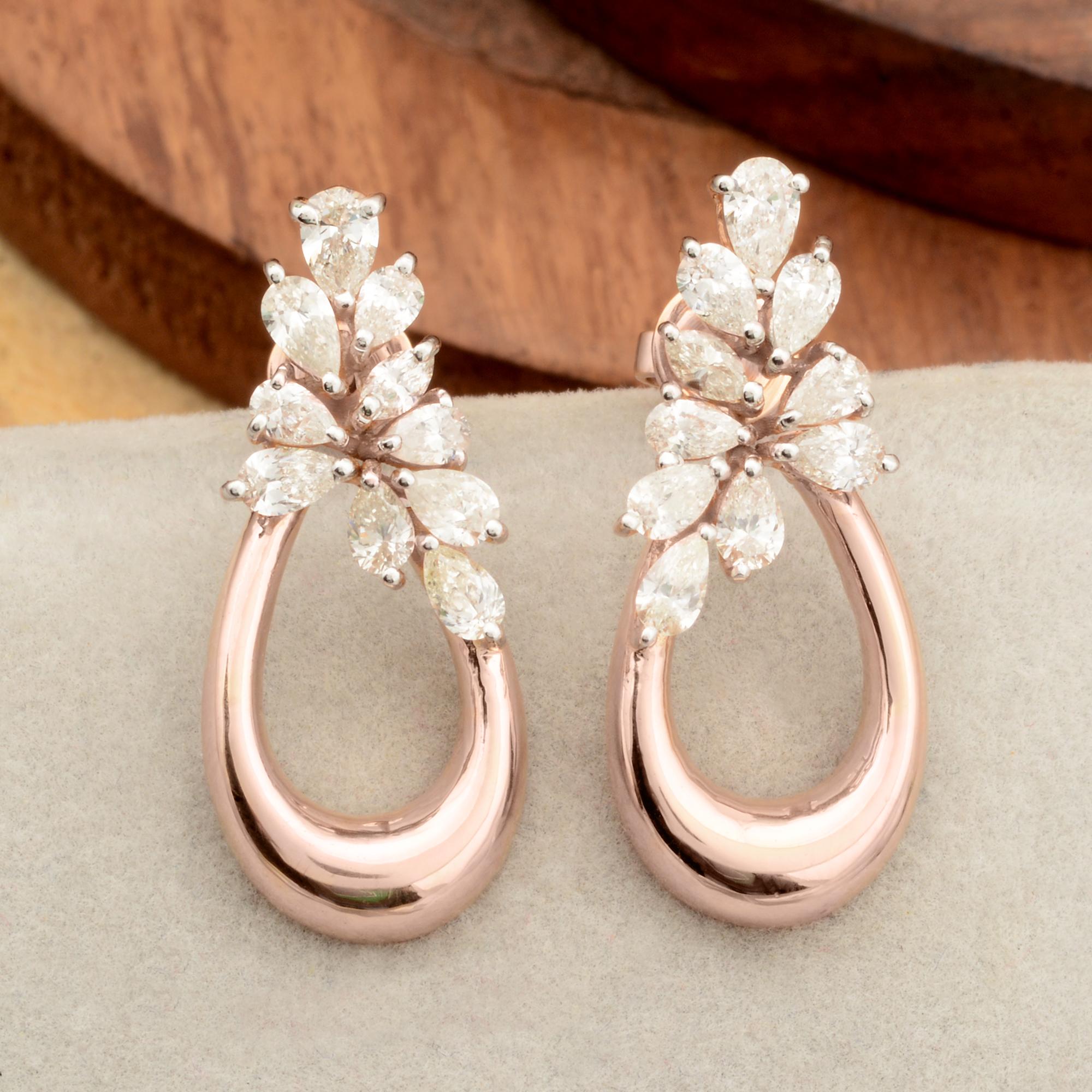 Modern 1.3 Carat SI/HI Pear Marquise Diamond Dangle Earrings 14 Karat Rose Gold Jewelry For Sale