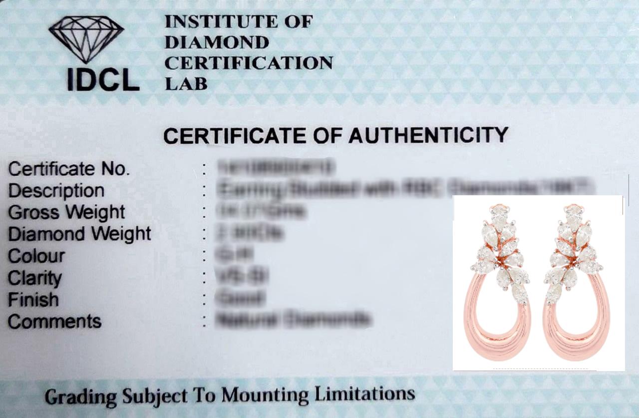 Natural SI Clarity HI Color Multi Diamond Dangle Earrings 18 Karat Rose Gold For Sale 1