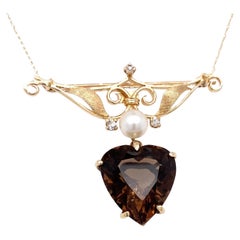 13 Carat Smoky Quartz, Diamond & Pearl 14K Yellow Gold 1960s Pin/Brooch