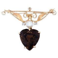 13 Carat Smoky Quartz, Diamond 
Pearl 14K Yellow Gold 1960s Pin/Brooch