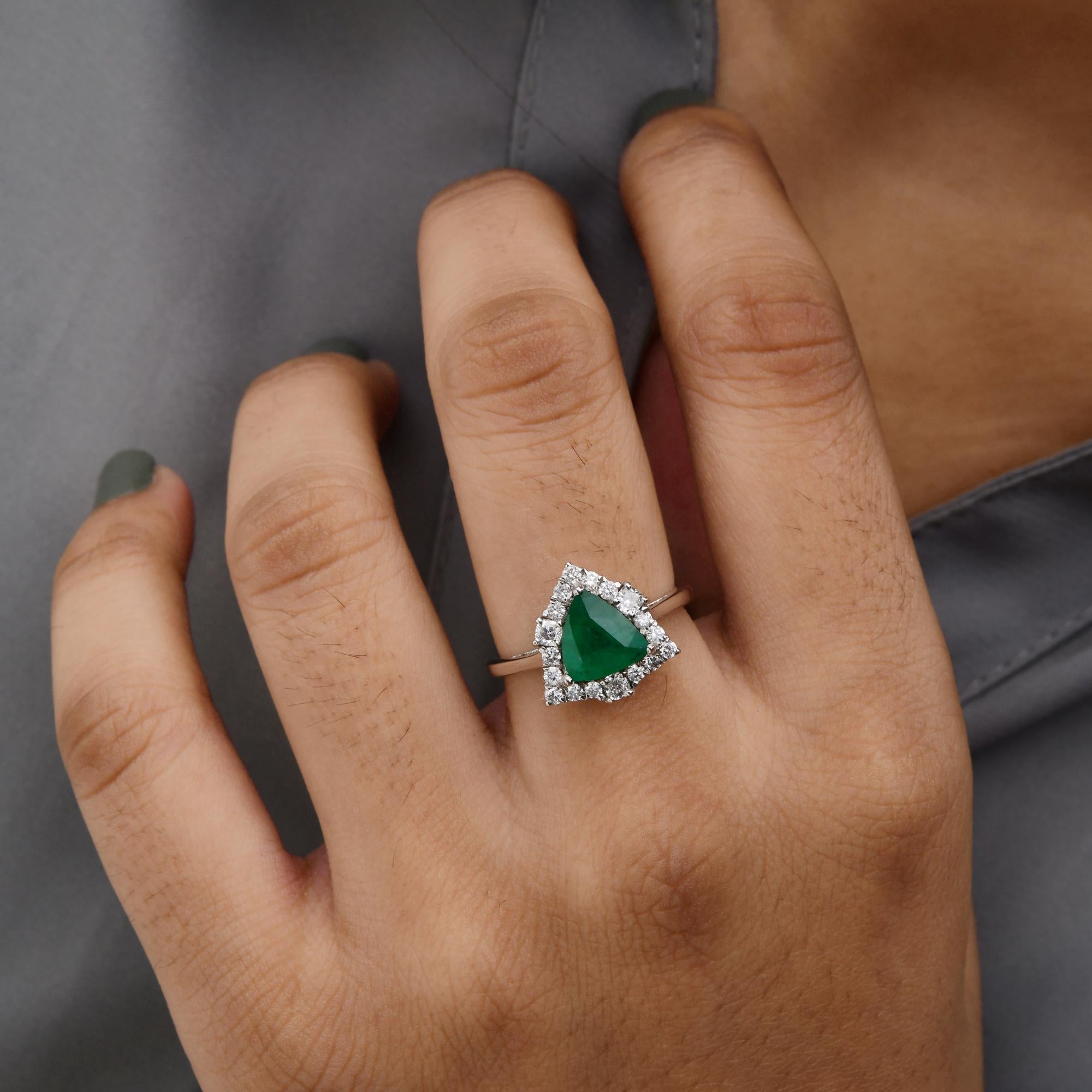 Trillion Cut 1.3 Carat Trillion Zambian Emerald Ring 0.50 Ct SI/H Diamond 14 Karat White Gold For Sale