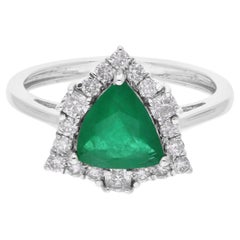 1.3 Carat Trillion Zambian Emerald Ring 0.50 Ct SI/H Diamond 18 Karat White Gold