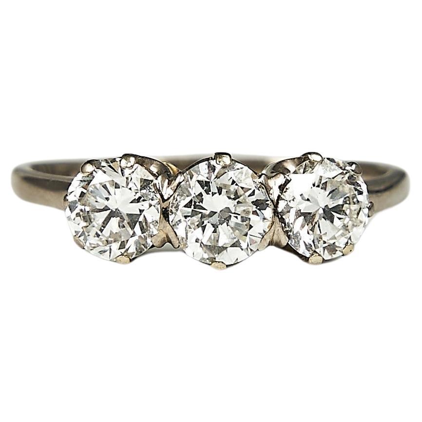 1.3 Carat Vintage Transitional Cut Brilliant Diamond Three Stone Ring For Sale