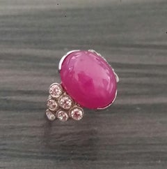 13 Carats Ruby Oval Cabochon 14kt Gold 12 Full Cut Round Diamonds Cocktail Ring