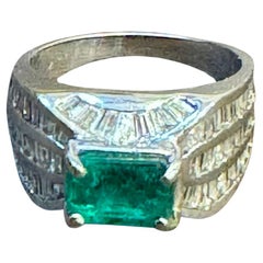 1.3 Ct Colombian Emerald Cut Emerald & 1 Ct Diamond 14 Kt White Gold Ring Size 7