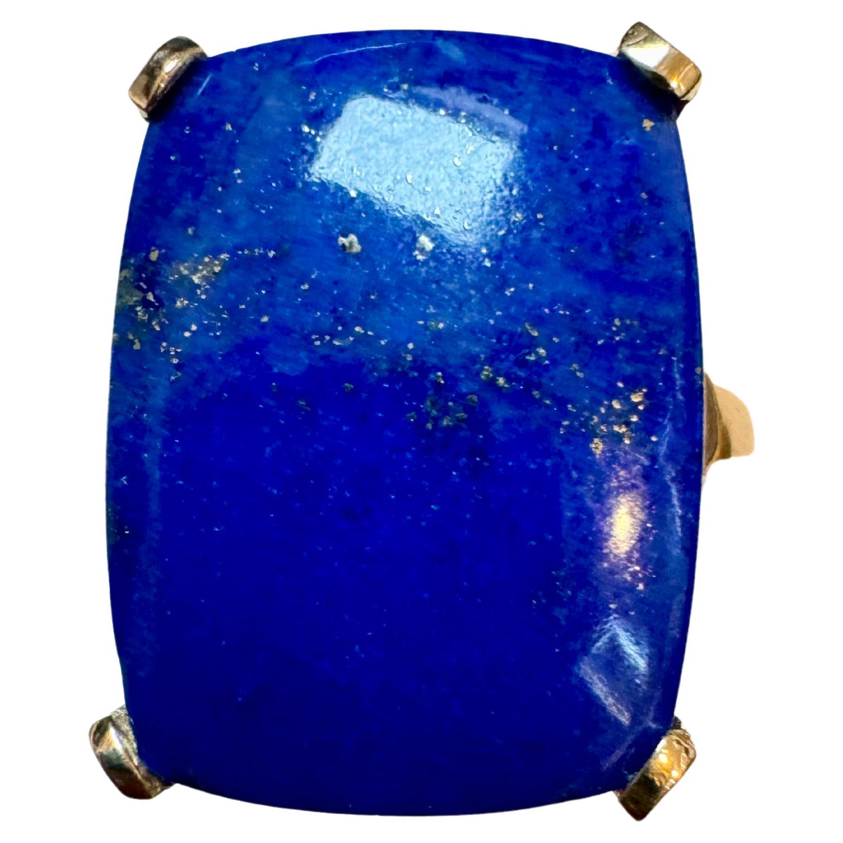 13 Ct Emerald cut Natural Lapis Lazuli Ring in 14 Kt Yellow Gold, Estate Size 8 For Sale