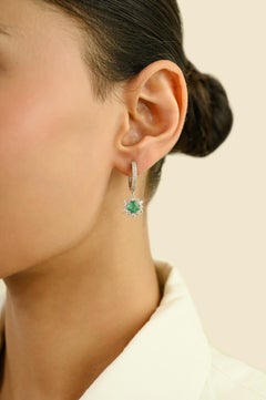 1.3 Ct Emerald & Diamond Drop Huggie Hoop Earrings for Women in 14k White Gold