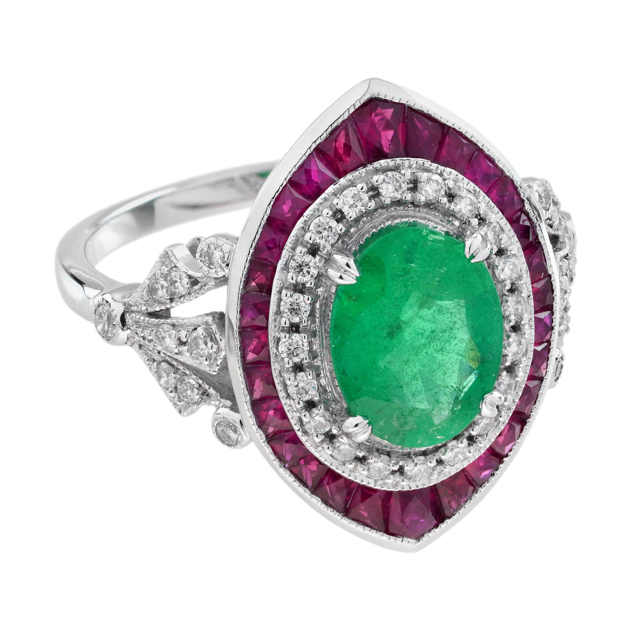 Emerald Cut 1.3 Ct. Emerald Ruby and Diamond Art Deco Style Floral Shoulder Ring in 18K Gold