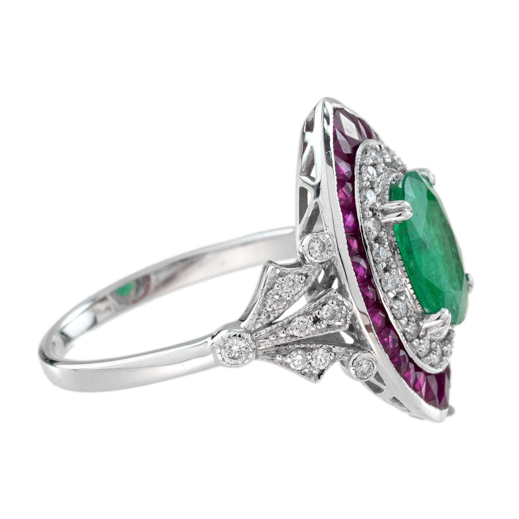 1.3 Ct. Emerald Ruby and Diamond Art Deco Style Floral Shoulder Ring in 18K Gold In New Condition In Bangkok, TH