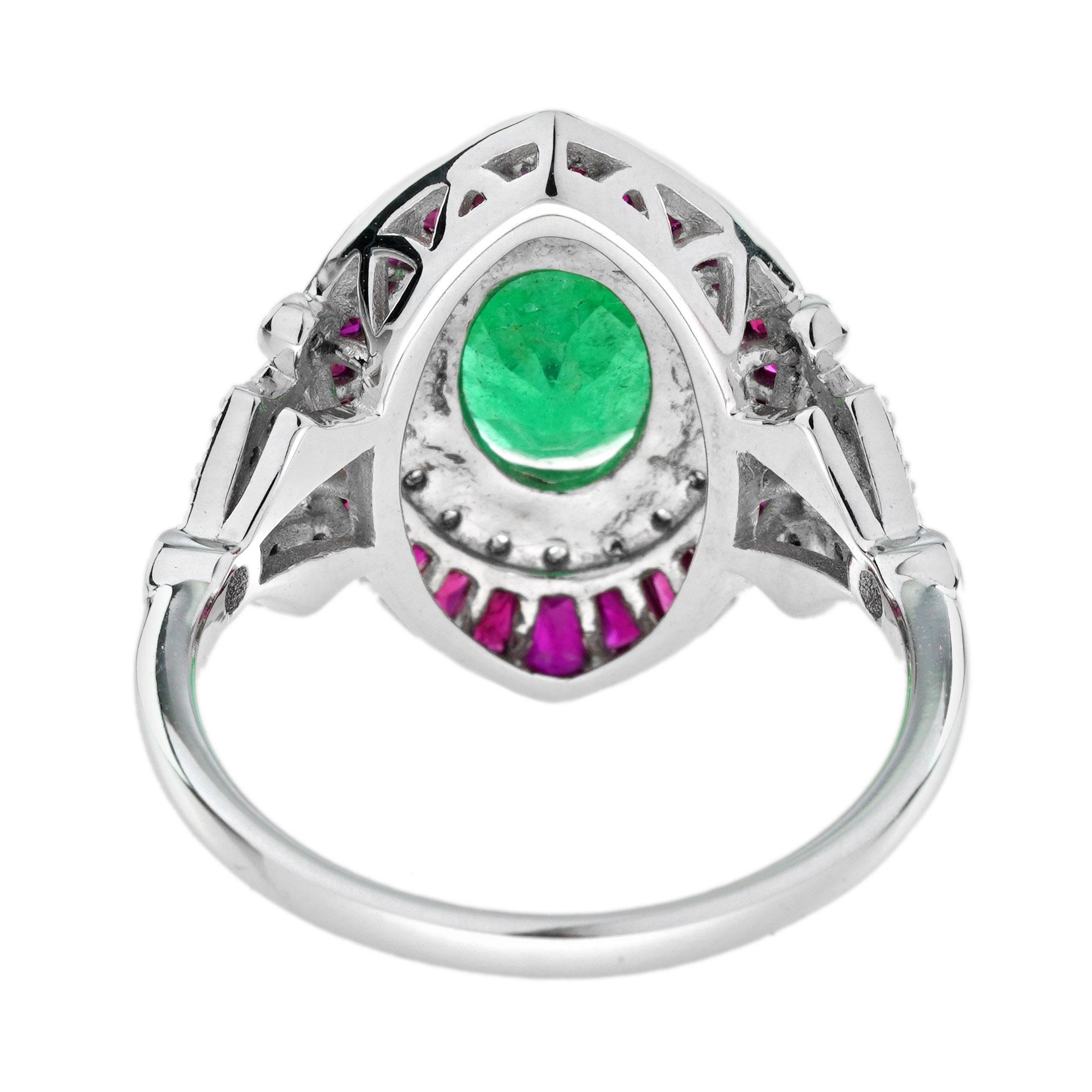 Women's 1.3 Ct. Emerald Ruby and Diamond Art Deco Style Floral Shoulder Ring in 18K Gold