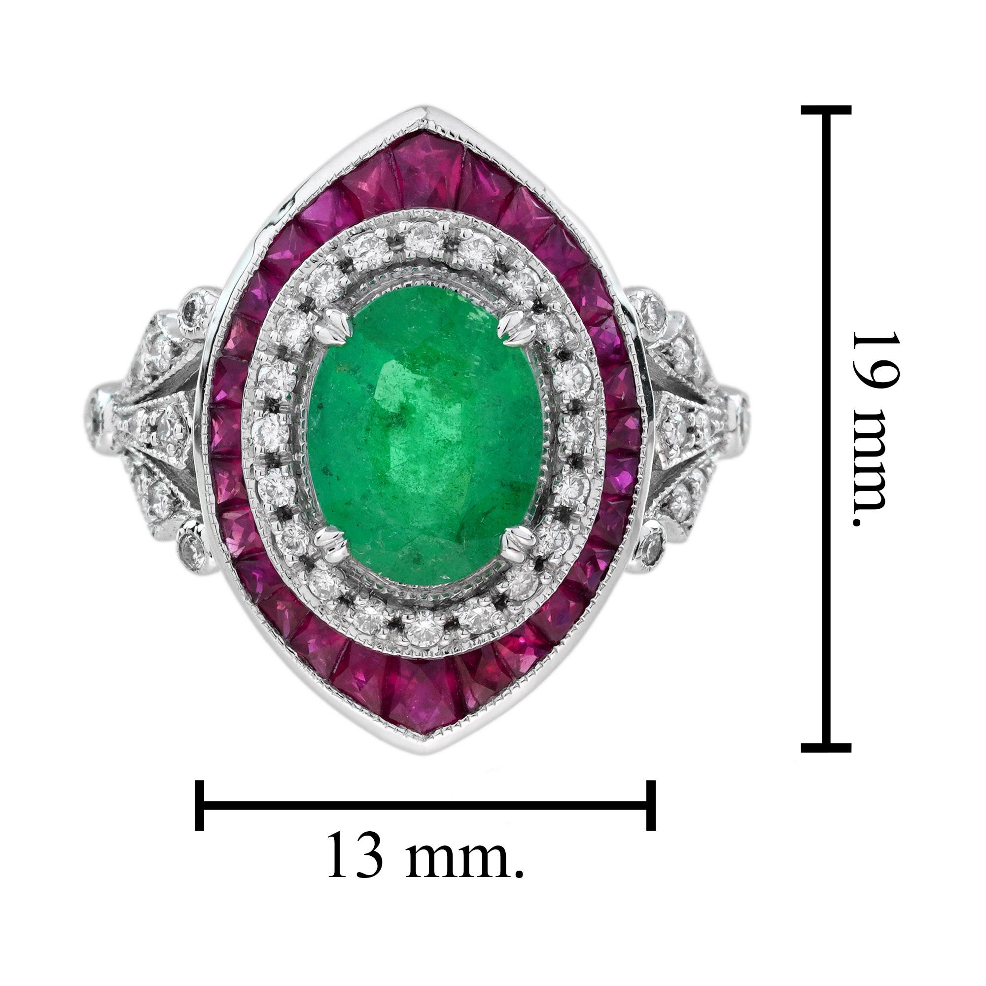 1.3 Ct. Emerald Ruby and Diamond Art Deco Style Floral Shoulder Ring in 18K Gold 2