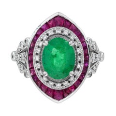 1.3 Ct. Emerald Ruby and Diamond Art Deco Style Floral Shoulder Ring in 18K Gold