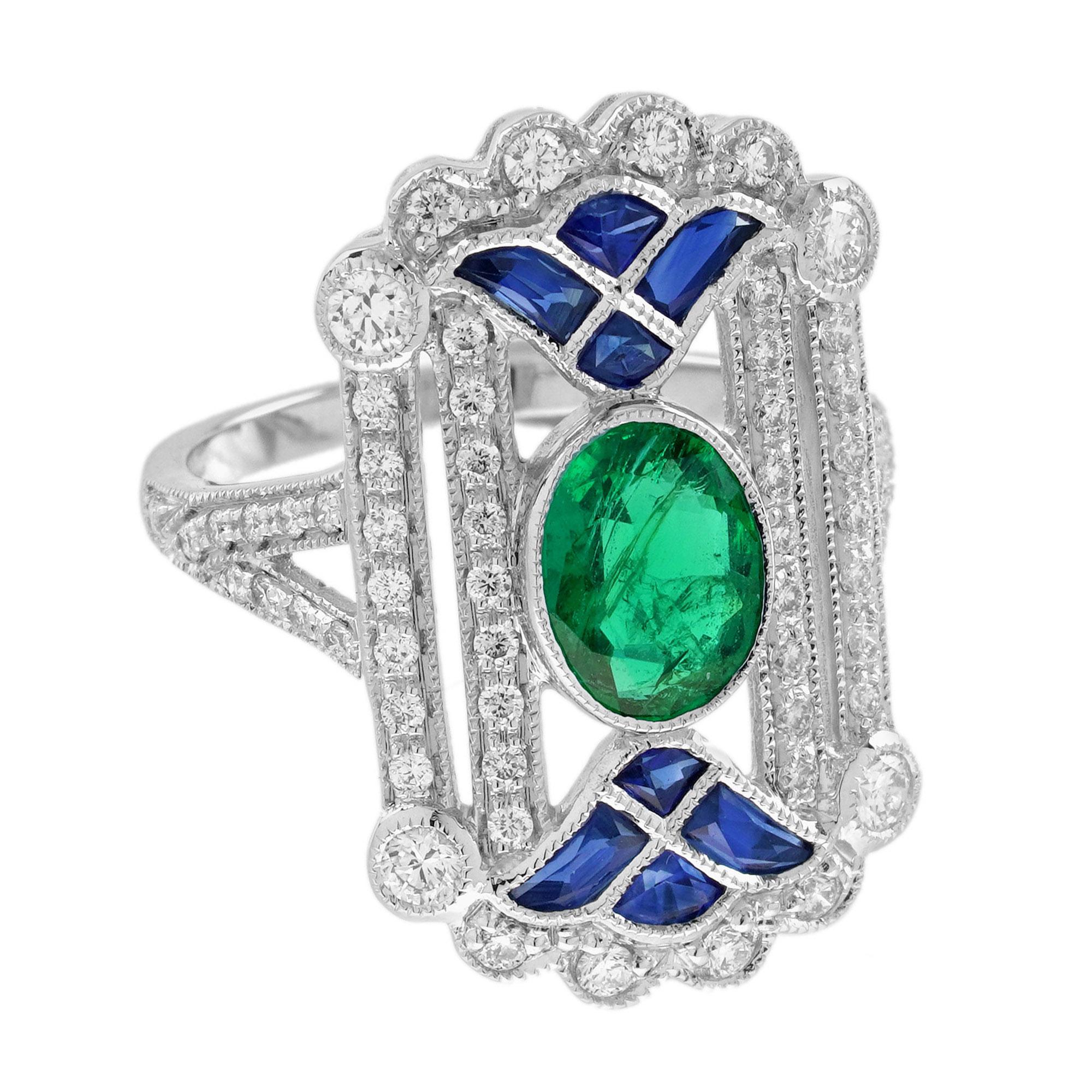 1,3 ct. Smaragd-Saphir-Diamant-Ring im ägyptischen Art-Deco-Stil aus 18 Karat Weißgold (Art déco) im Angebot