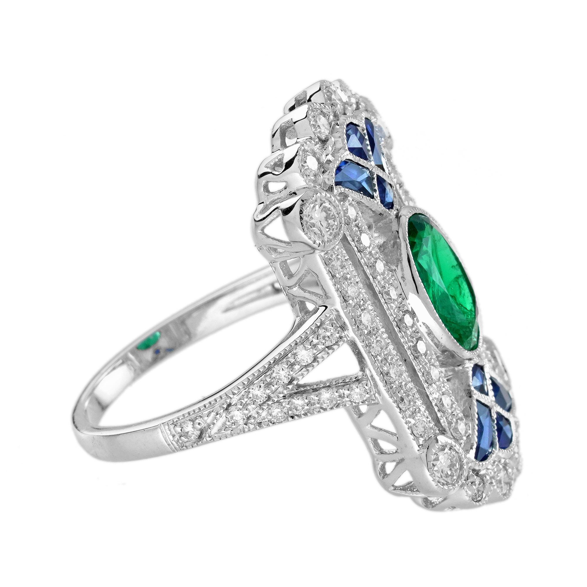 1,3 ct. Smaragd-Saphir-Diamant-Ring im ägyptischen Art-Deco-Stil aus 18 Karat Weißgold (Ovalschliff) im Angebot