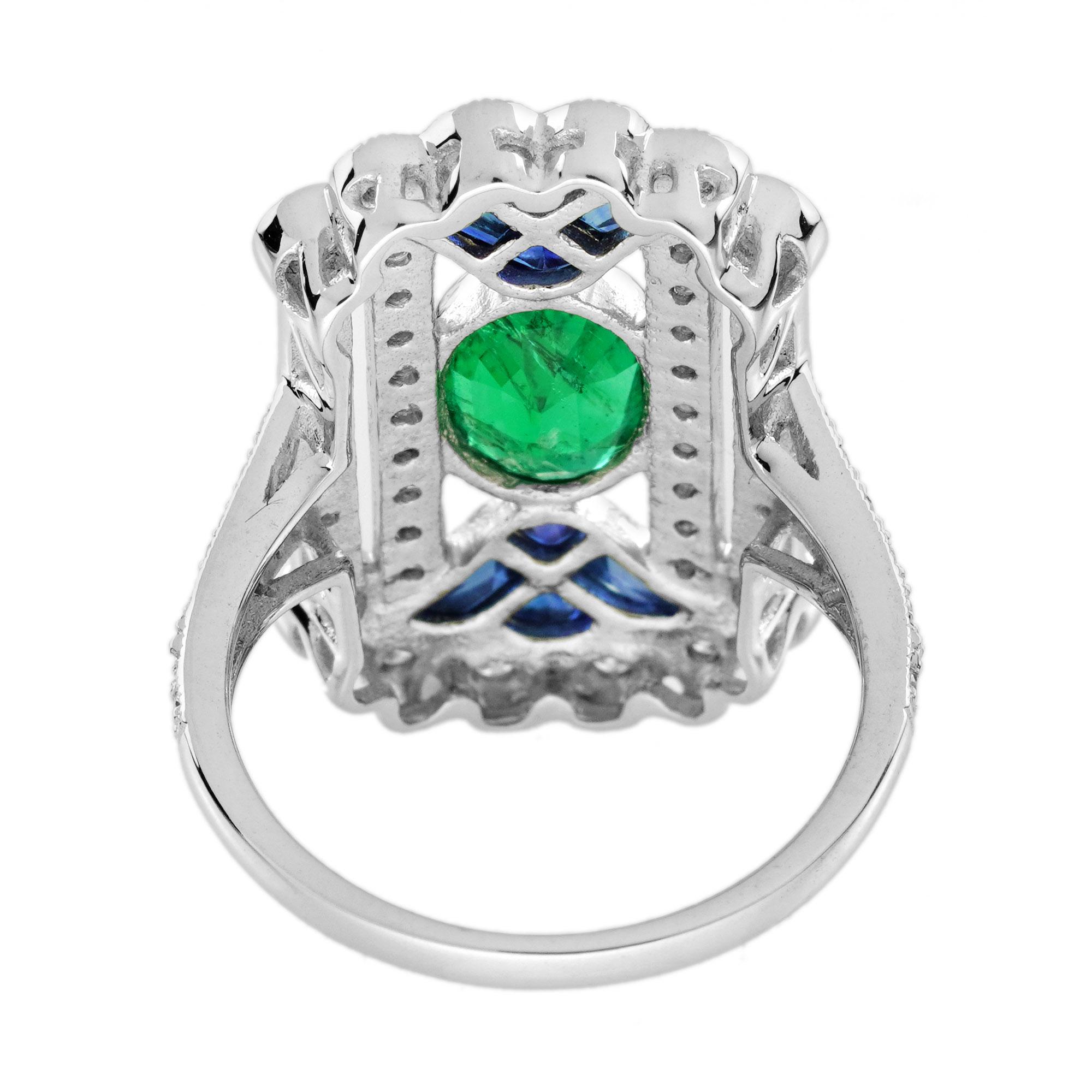 1,3 ct. Smaragd-Saphir-Diamant-Ring im ägyptischen Art-Deco-Stil aus 18 Karat Weißgold im Zustand „Neu“ im Angebot in Bangkok, TH
