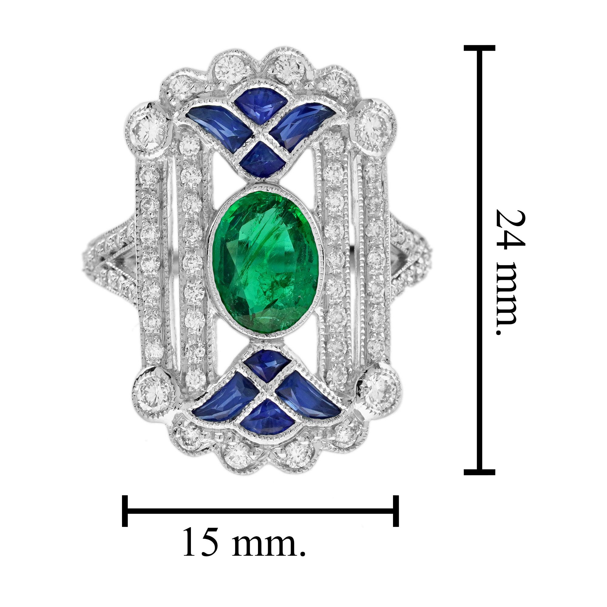 1,3 ct. Smaragd-Saphir-Diamant-Ring im ägyptischen Art-Deco-Stil aus 18 Karat Weißgold im Angebot 1