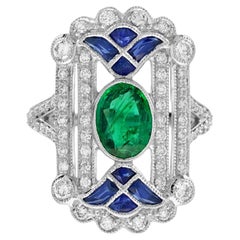 1.3 Ct. Emerald Sapphire Diamond Art Deco Egyptian Style Ring in 18K White Gold