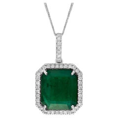 13 Ct Natural Emerald Cut  Emerald  & Diamond Halo Pendant Pendant, 14KWG Chain 