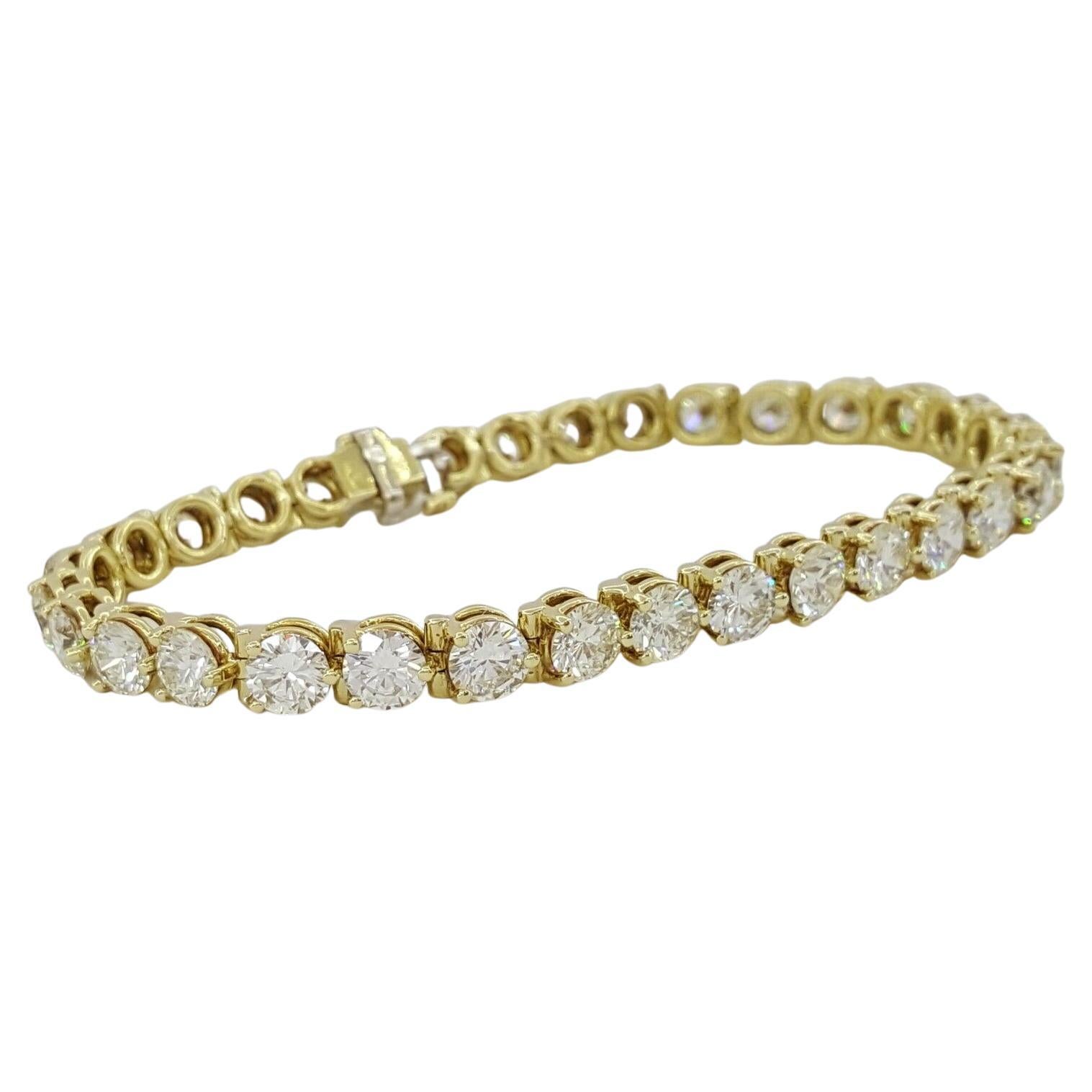 Bracelet de tennis en or jaune 18K avec diamant rond taillé en brillant d'un poids total de 13 ct